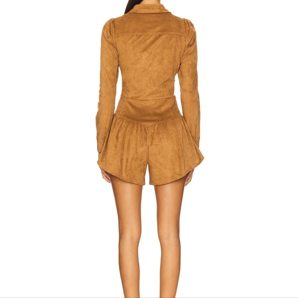 SAYLOR Camel Suede Long-Sleeve Button Romper - Picture 3 of 5